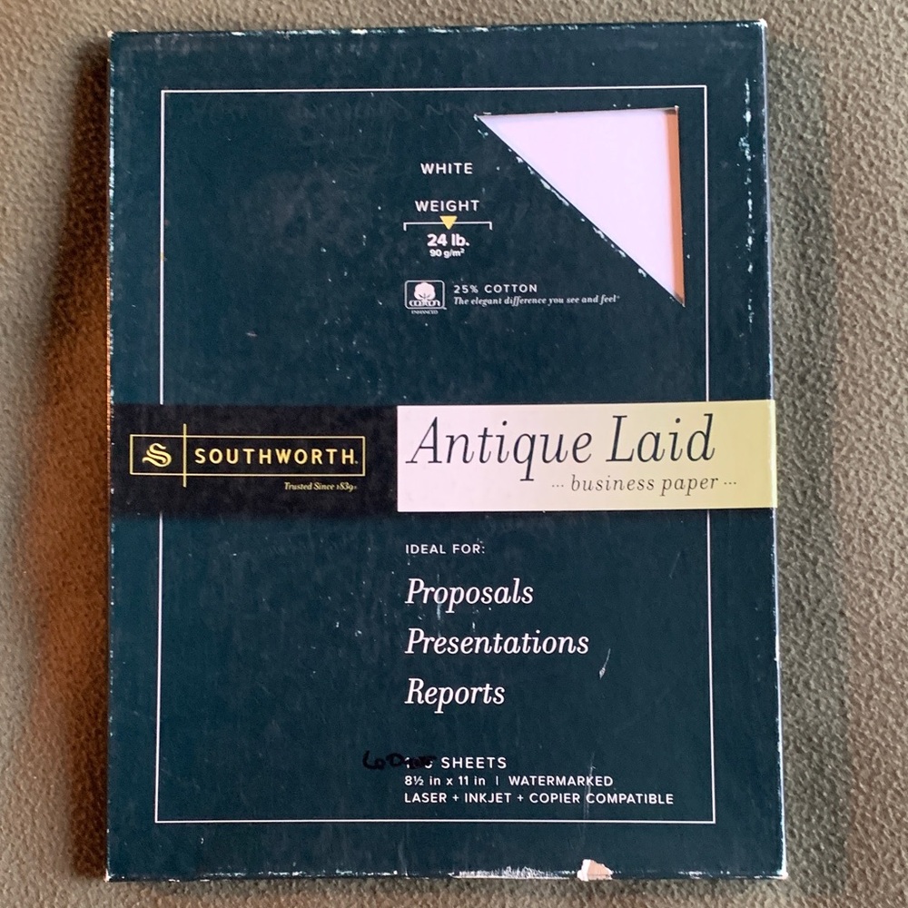 Southworth Antique Laid white paper. 8 1/2” x 11”. Open box. 60 sheets.
